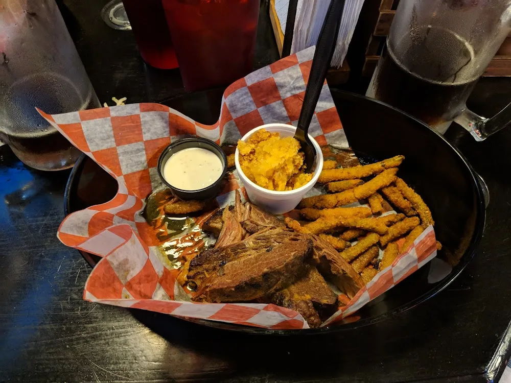 Brisket with Corn Pudding and Fried Green Beans